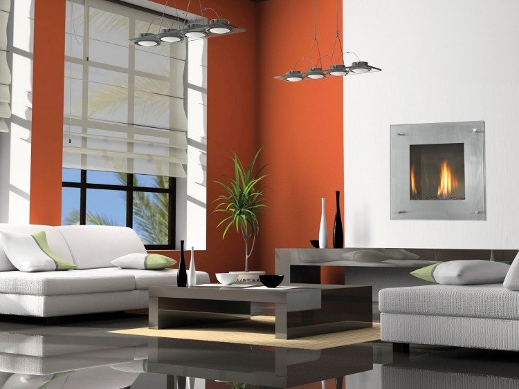 bioetanol-öppen spis-vägg-installation-modernt-vardagsrum-vit-orange-pendel-lampor-soffa-soffbord