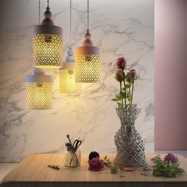 bioplastproduktionsprojekt alger majsstärkelse naturmaterial hållbar design hängande lampa vas roser shere bordsmarmorvägg