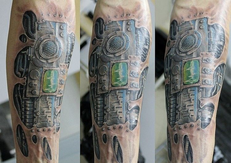 biomekanik tatuering underarm musik stereosystem