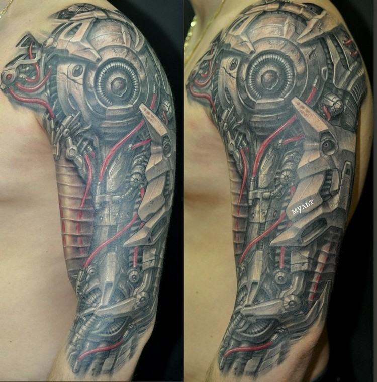 biomekanik-tatuering-överarm-röd-kabel-man