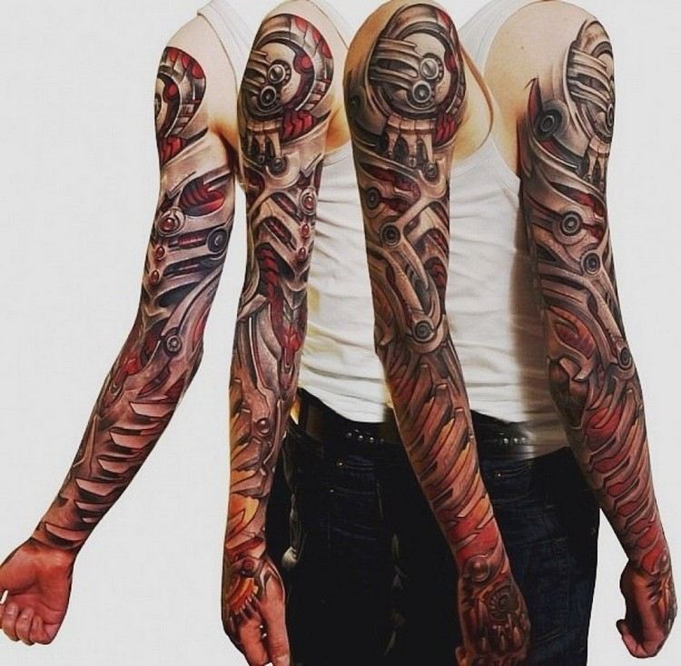 biomekanik tatuering hela armen röda accenter