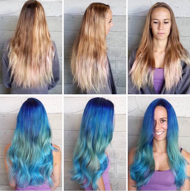blått hår havshårfärger trend innan efter blondin