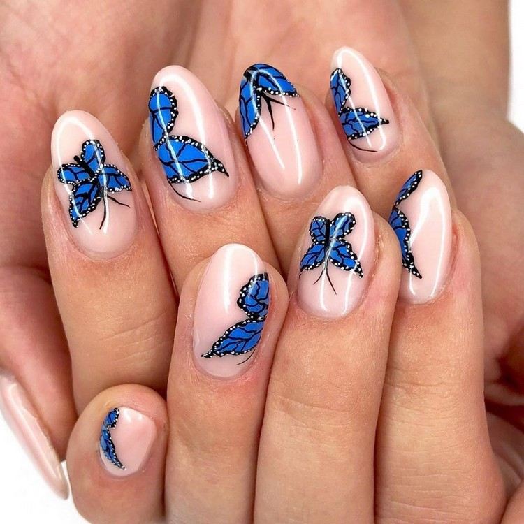 Butterfly nagel designar blå naglar idéer för korta naglar