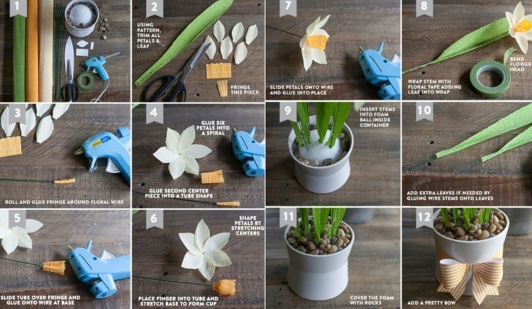 Att göra blommor av krepppapper - instruktioner för hantverk för påskliljor