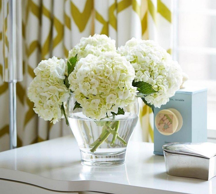 blomma-dekoration-vår-vit-hortensia-glas-vas