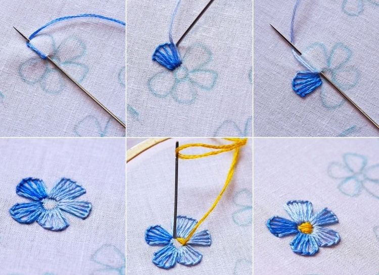 Instruktioner för enkla, blå blommor och pollen från franska knutar