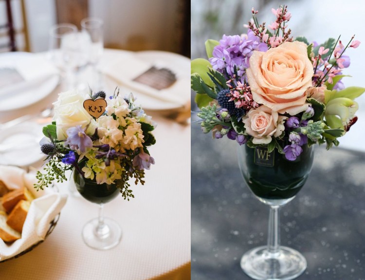 Arrangera blommiga dekorationer i vinglas bröllop vintage rosor