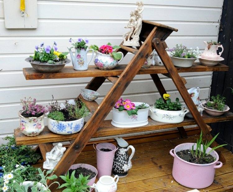 Blomsterstativ-bygg-själv-blomma-stege-balkong-hylla-trä-naturliga-DIY-blomkrukor-växter
