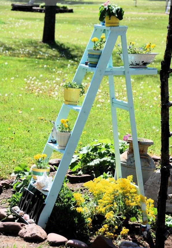 Bygg din egen blomsterställning trädgård dekoration stege blå färg hyllor