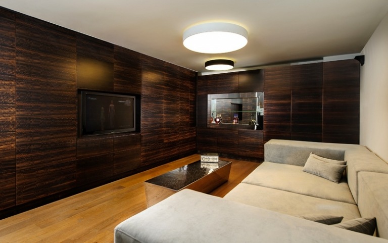 golv vägg design vit väggbeklädnad trä mörk lounge soffbord metall
