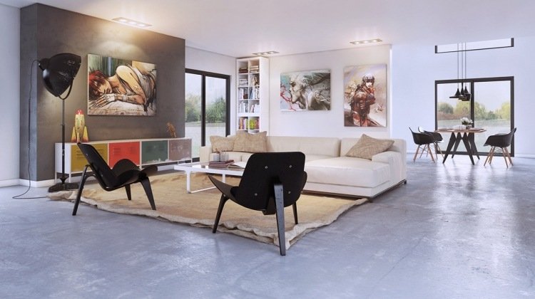 Golv-betong-modern-design-vardagsrum-anime-bilder-soffa-spotlights