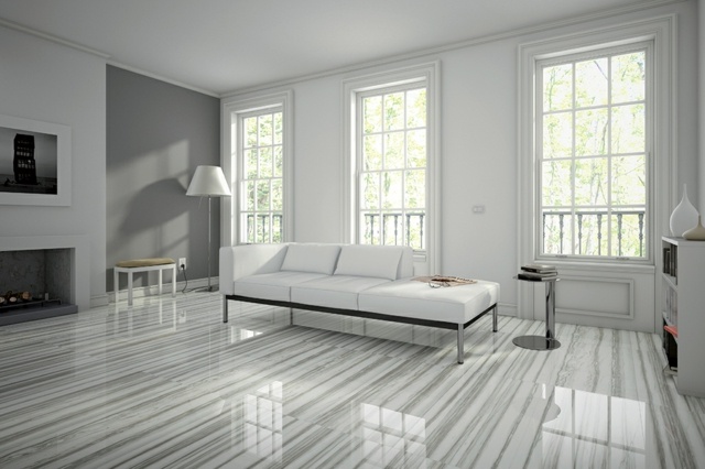 Polerade golvplattor idéer vit soffa
