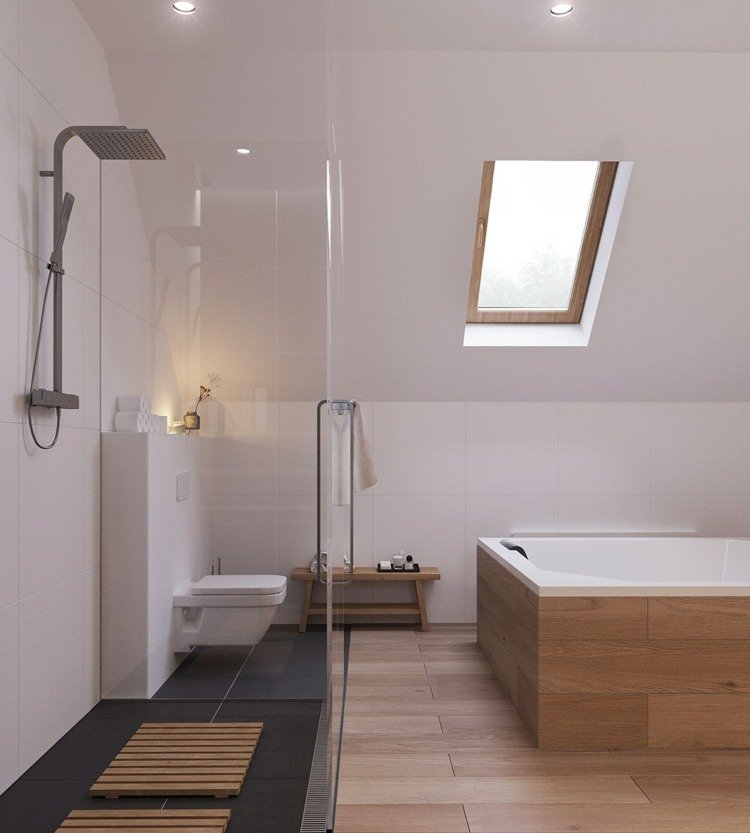 Spola med golvduschen i skandinavisk stil-öppen-design-svart-golvplattor-laminat