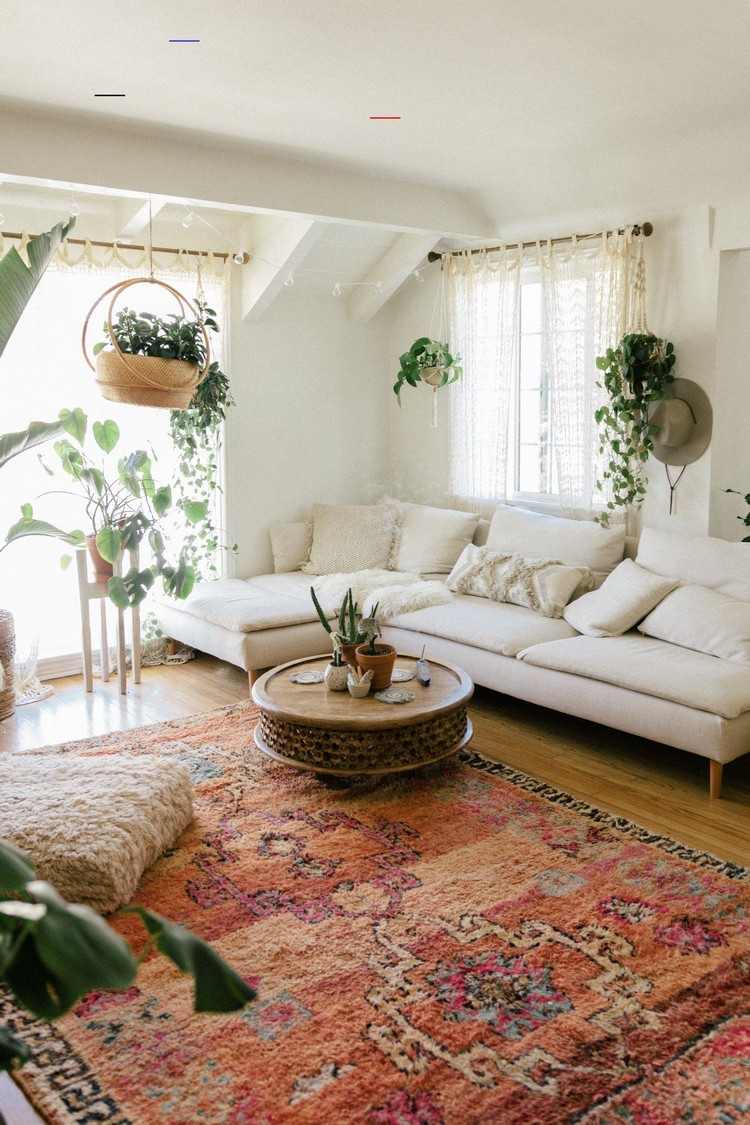 moderna boho vardagsrumsidéer marockansk matta som planterar till vardagsrummet