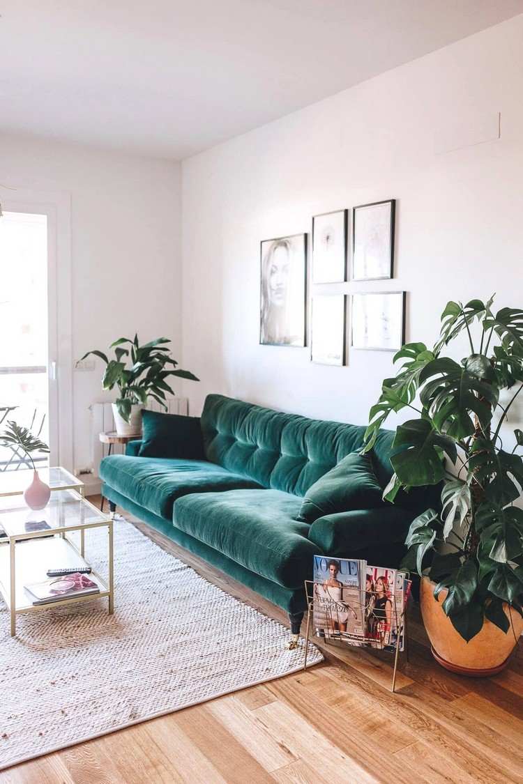grön soffa boho vardagsrum dekorera moderna tips levande trender 2020