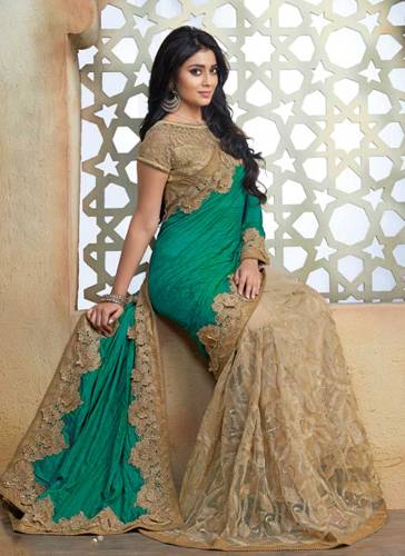 Vihreä ja beige silkki Bollywood Saree