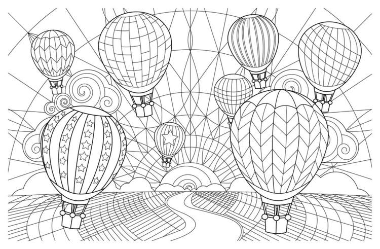 Pyrografi-mallar-bild-ballonger-linjer-konturer-figurer-geometriska-stjärnor-moln-horisont