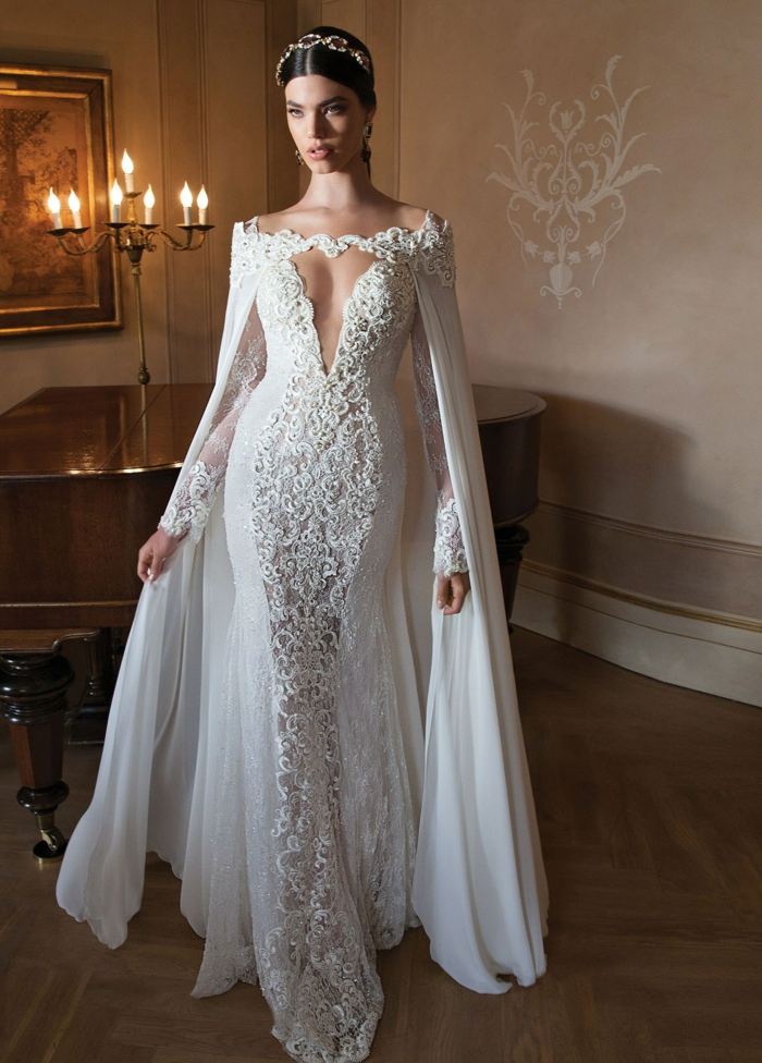 bröllopsklänning design vit spets underbar cape enkel