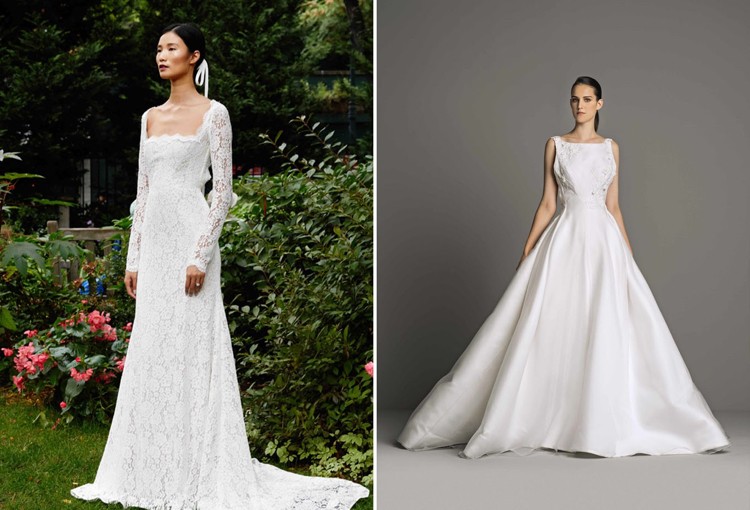 Bröllopsklänningar 2019 carre neckline designer trender brudmode