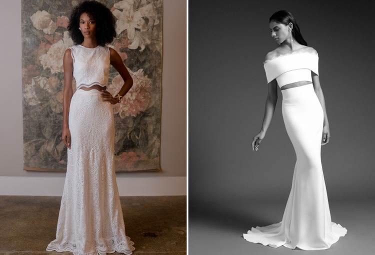 Bröllopsklänningar 2019 cropped topp tvådelad kjol bodice