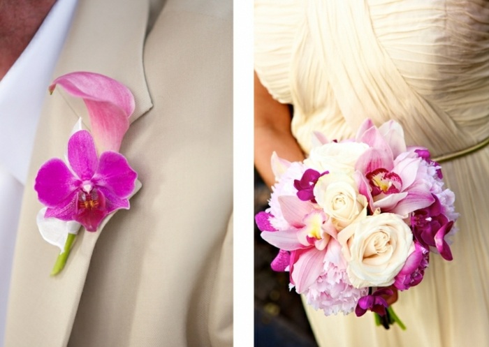 orkidérosa brudbukettdesign boutonniere lilja