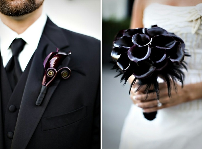 designidé brudbukett svart glans original bröllopsboutonniere