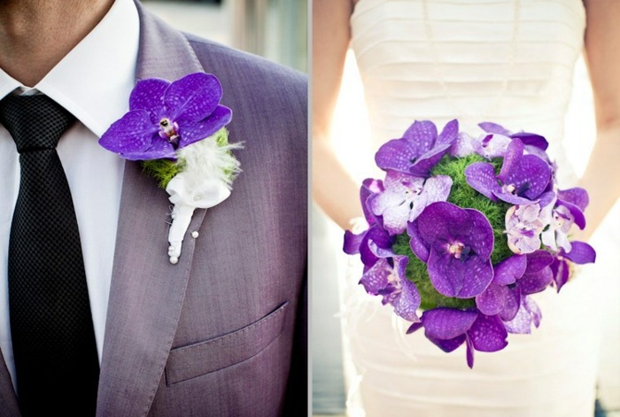 orkidé vanda blå brudbukett design boutonniere bröllopsklänning kostym