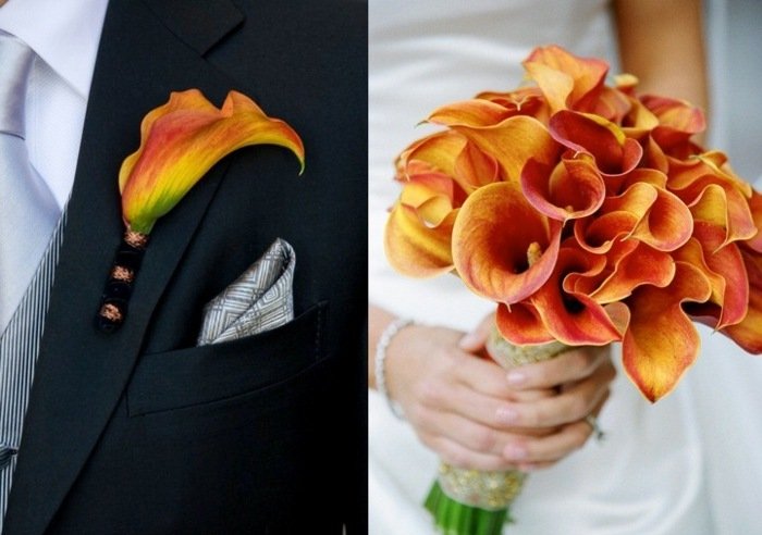 brudbukett design orange bröllopsklänning brudgum kostym svart