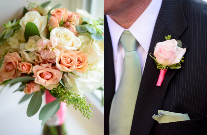 romantisk brudbukett ljusa rosor boutonniere elegant bröllopsdekoration