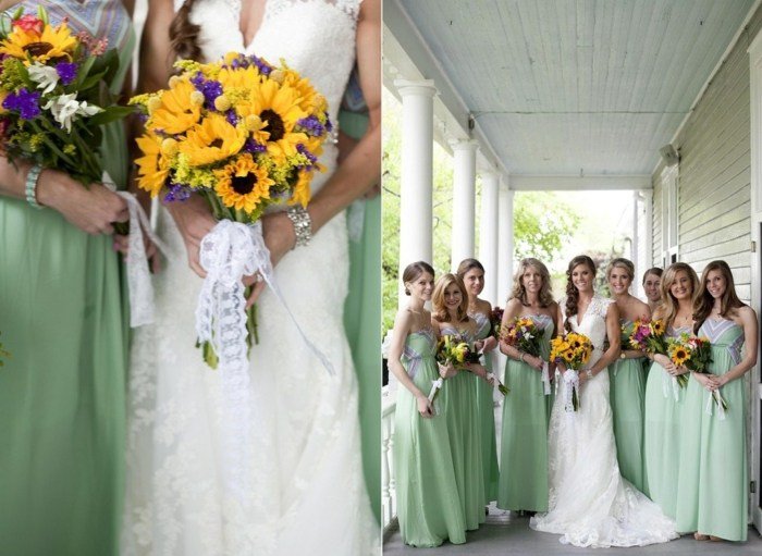 Bruden arrangerar långa ljusgröna klänningar
