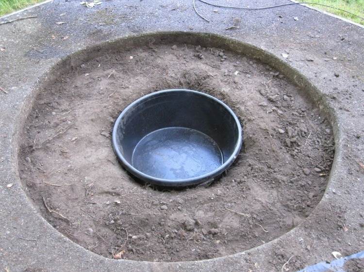 Gräv ett runt hål i marken och lägg en plastpool i mitten för en fontän