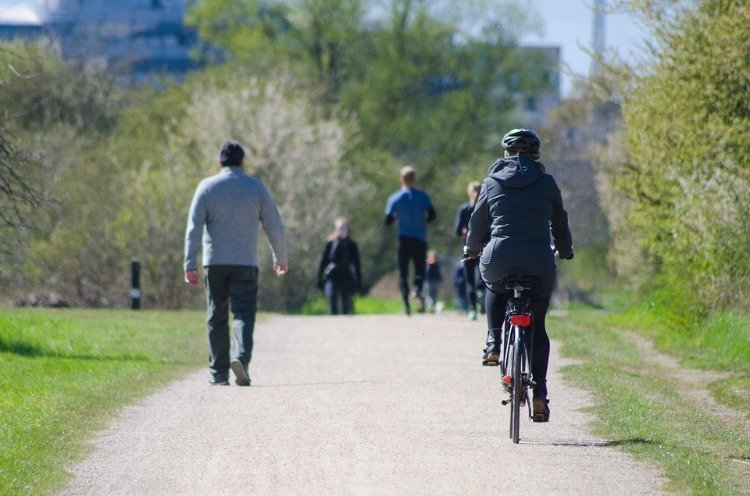 kvinna cyklar i parken på en stig med fotgängare