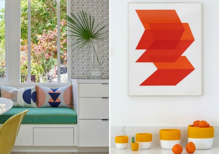 idéer-dekorera-väggmålning-orange-färg-accent-hår-fodral-gul-vit-sittplatser-hörn-kök-klädsel