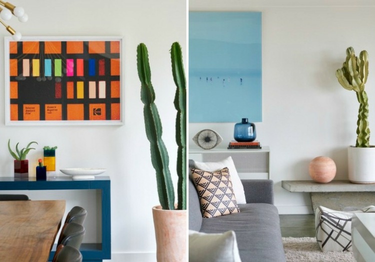 idéer-dekorera-kaktusar-färgglada-vägg-bild-sidobord-blå-sten-bord