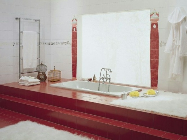 röd vit badrum kakel vägg notmatta