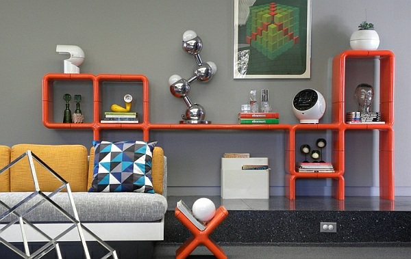 symmetriska och geometriska möbler och hyllor med retro-look