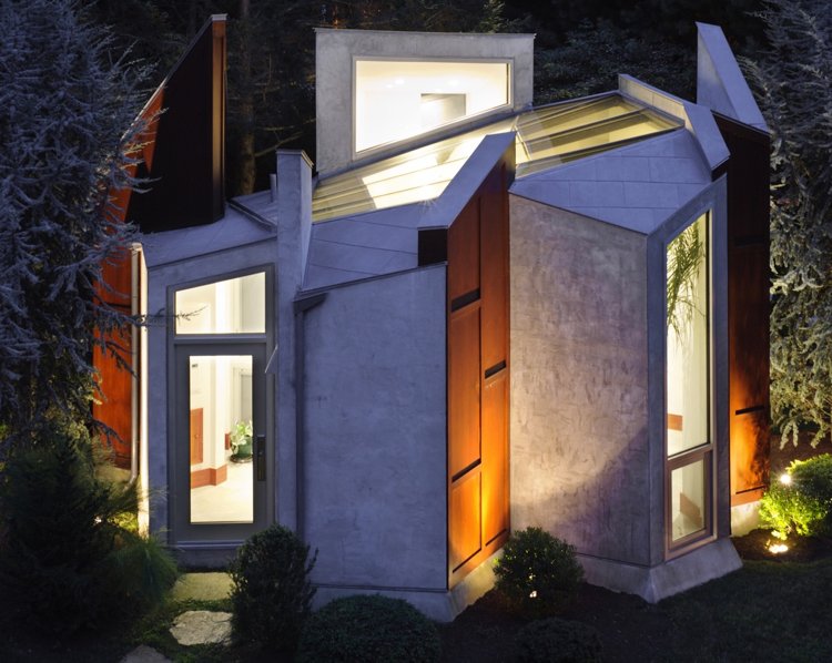 Glastak trädgård studio modern trä betong nattbelysning