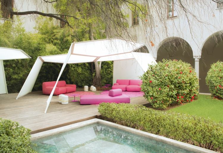 cabanne trädgårdspaviljong vit textil geometrisk form rosa möbler