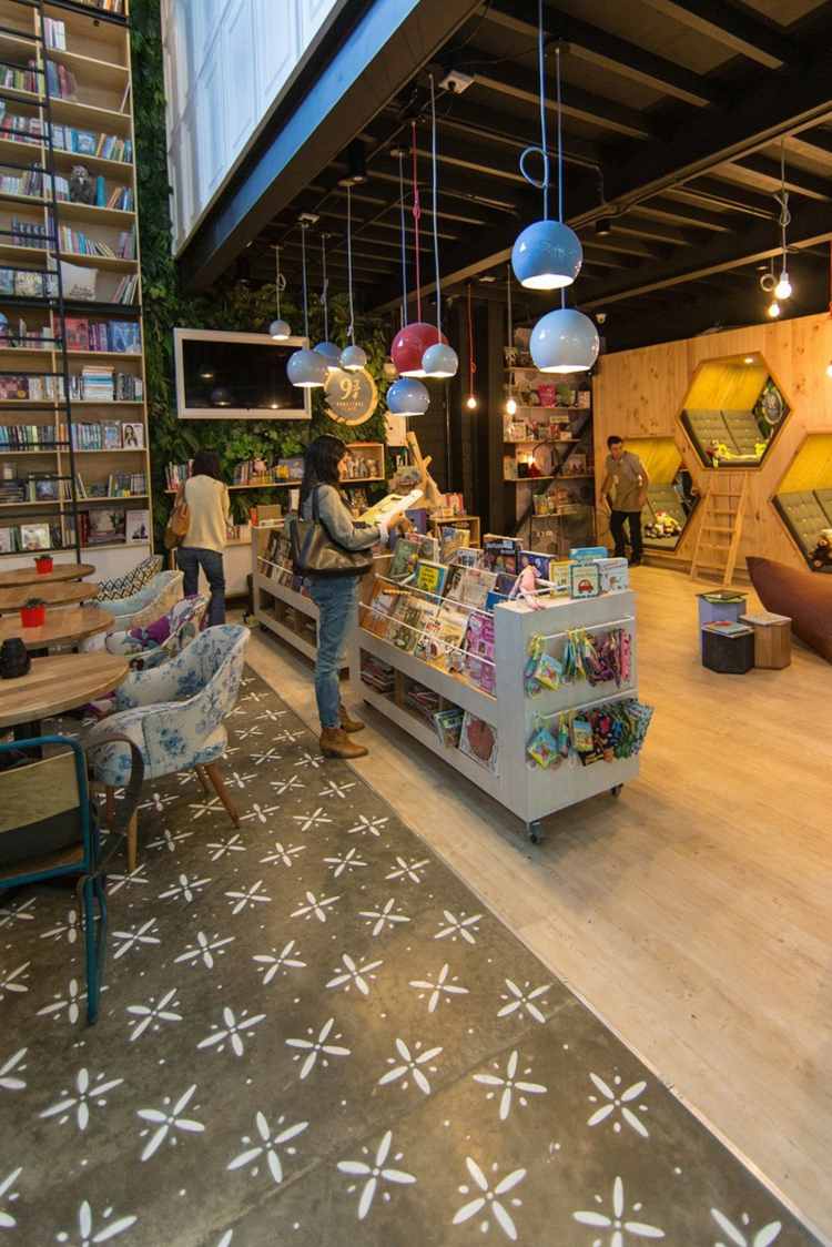 café bokhandel golv design blommotiv colombia idé