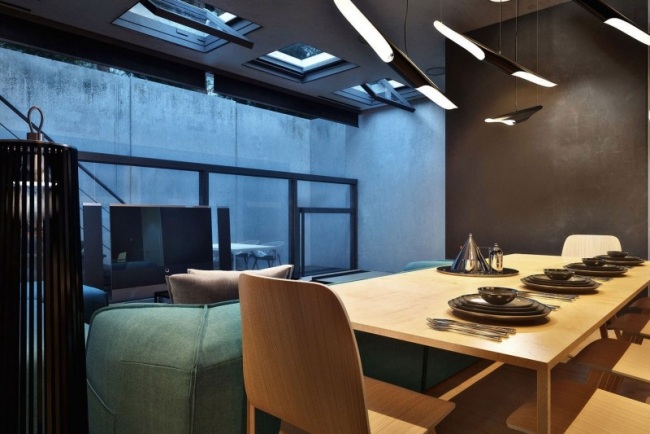 Modernt hus loft interiör belysning trender trämöbler