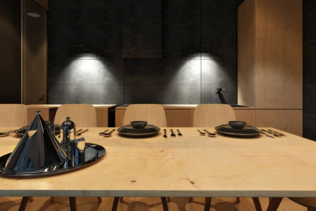 Matsalsdesign trä matbord stol belysning vägg