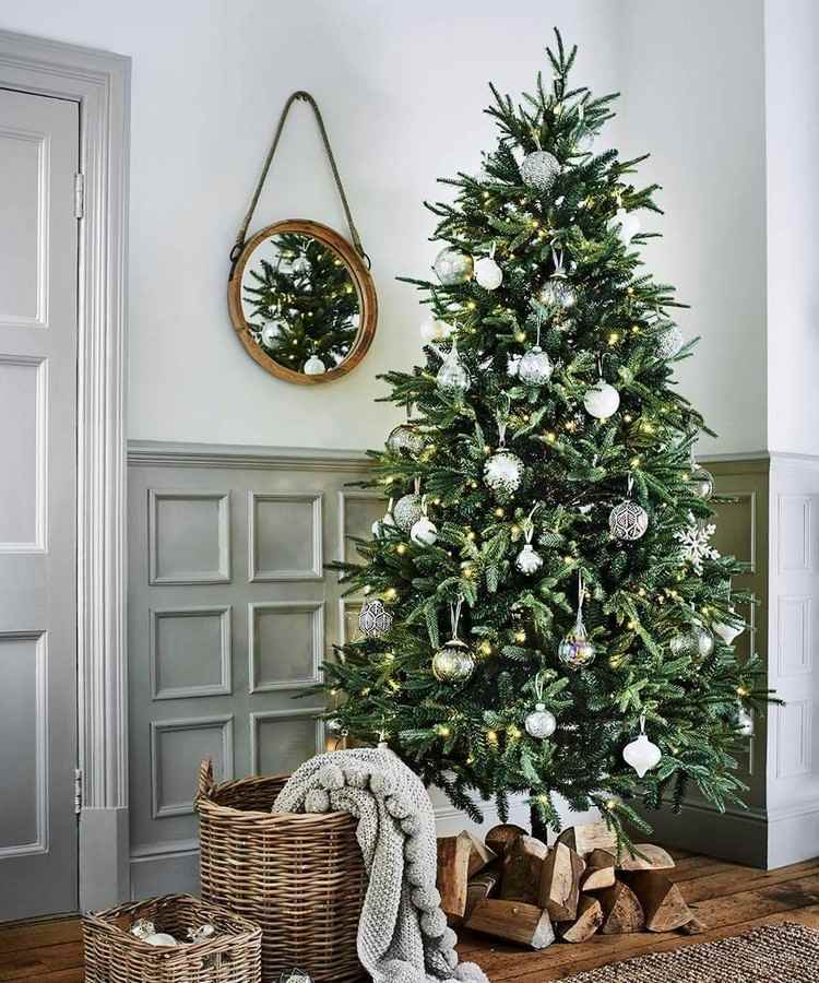 Julgran dekorera vitt silver naturligt trä dekoration