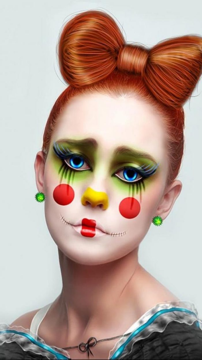 Tjej-clown-vågade-smink-tips-idéer-halloween-karneval-rosett-frisyr
