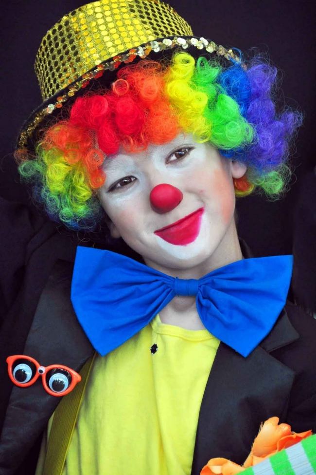 Clown-make-up-barn-instruktioner-kostym-färgglada-peruk-karneval