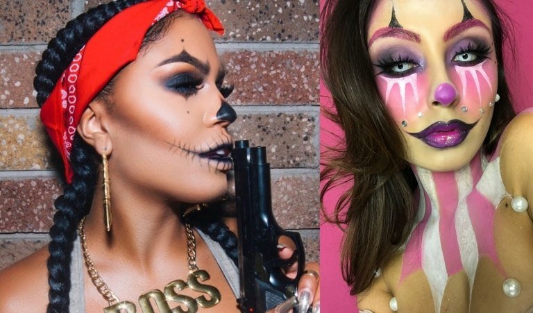 Läskig clownmakeup med instruktioner för kvinnokostym för Halloween