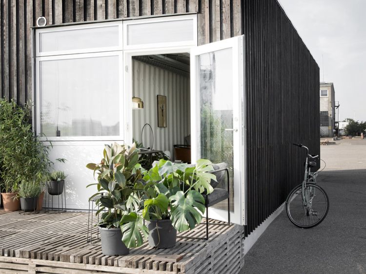 Behållare lägenhet -student-terrass-inglasning-växt-pallar