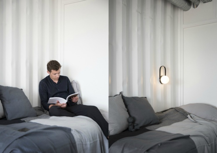 behållare-lägenhet-student-säng-nattlampa-sänglinne-vit-grå