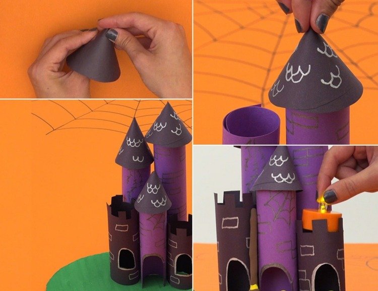 Enkelt Halloween -slott av papperstorn och papperskottar för taken