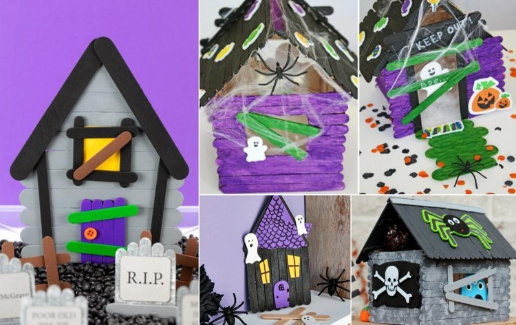 Halloween hantverksidé med popsicle -pinnar - gör själv ett spökhus av trä