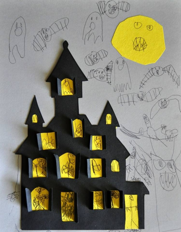 Vackert halloween hantverk för barn - bild med 3D hemsökt hus